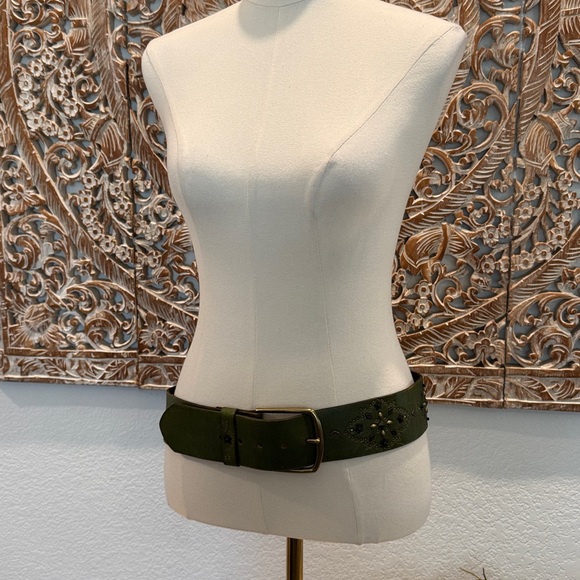 Linea Pelle Genuine Leather Green Vtg Bohemian Western Belt, Solid Brass Buckle - Picture 13 of 15